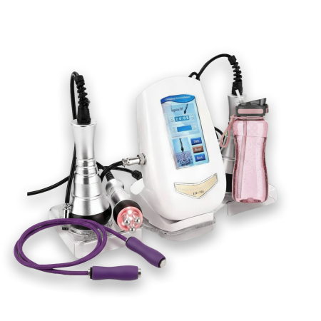Máquina de ejercicio para casa con cuerda de saltar morada y botella de agua rosa. Equipo de entrenamiento completo. Máquina de ejercicio para casa con cuerda de saltar morada y botella de agua rosa. Equipo de entrenamiento completo.